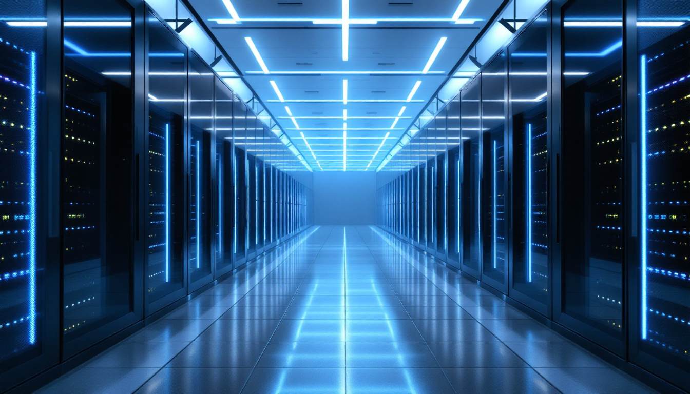 Cool blue-lit server racks in a modern data centre corridor